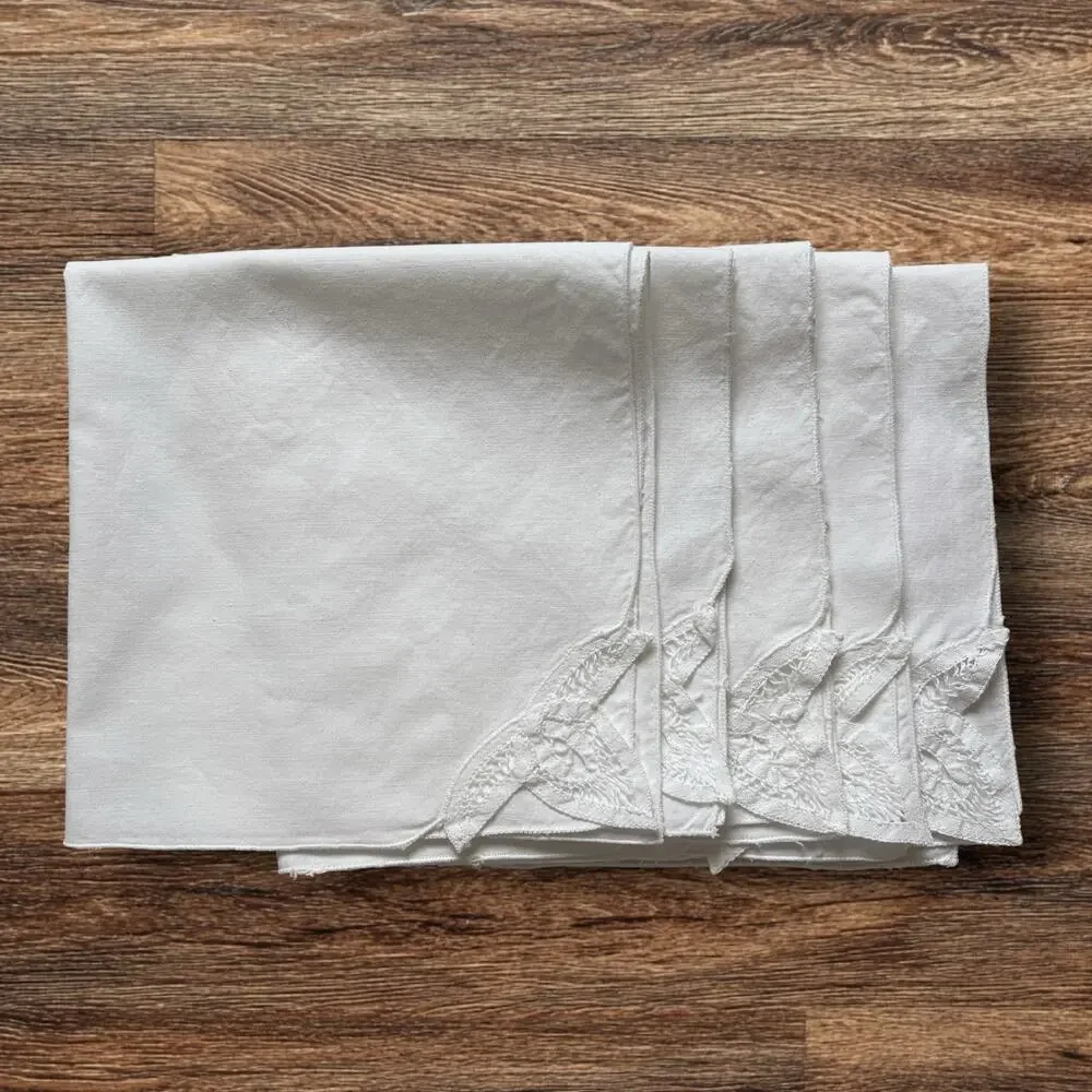 White Cotton Napkins Set 5 Cutwork Embroidered Lace 16